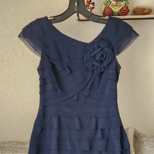 LONDON TIMES ROSETTE COCKTAIL DRESS TIERED NAVY SIZE 2